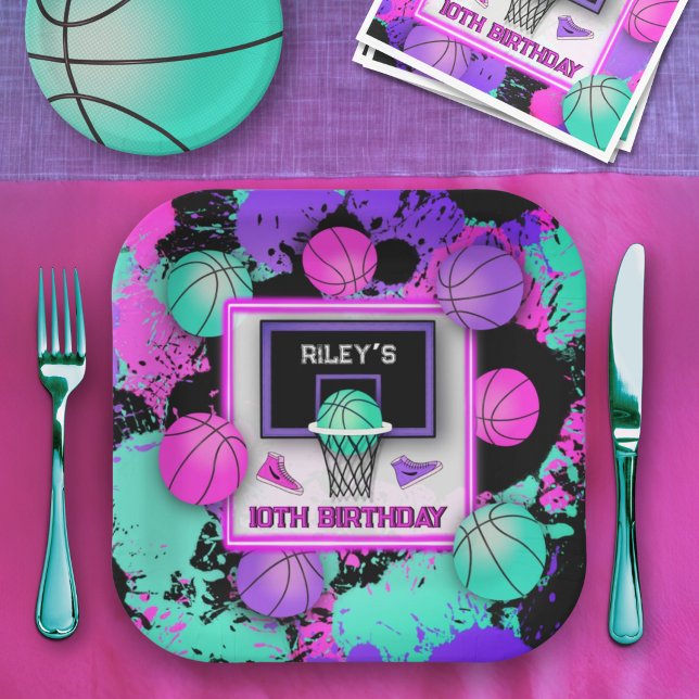 Neon Basketball Sneakers & Paint Splatter Birthday Paper Plate (Creator Uploaded)