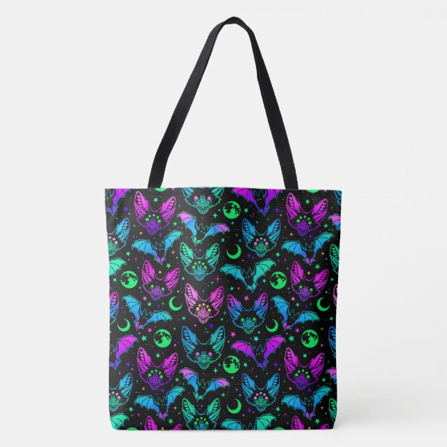 Neon Bats, Cats and Moons Tote Bag (Front)