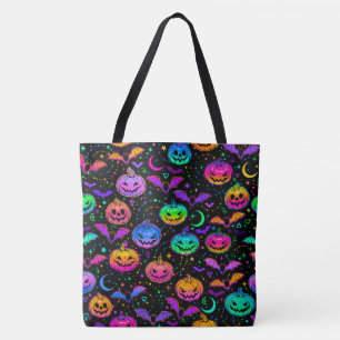 Neon Bats Pumpkins and Jack-o-Lanterns  Tote Bag