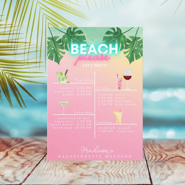 Neon Beach Please Bachelorette Weekend Itinerary Invitation (Creator Uploaded)
