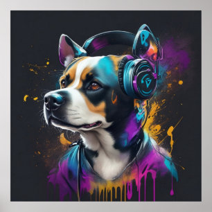 Neon Beats Dog Headphone Poster