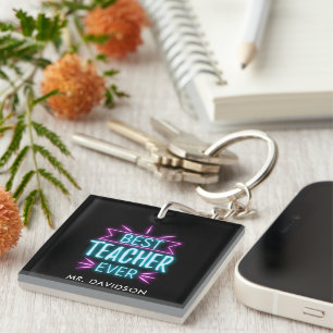Neon Best Teacher Ever Monogram Thank You Key Ring