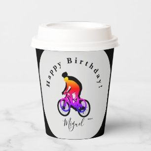 Neon Bicycle Rider Happy Birthday Paper Cups