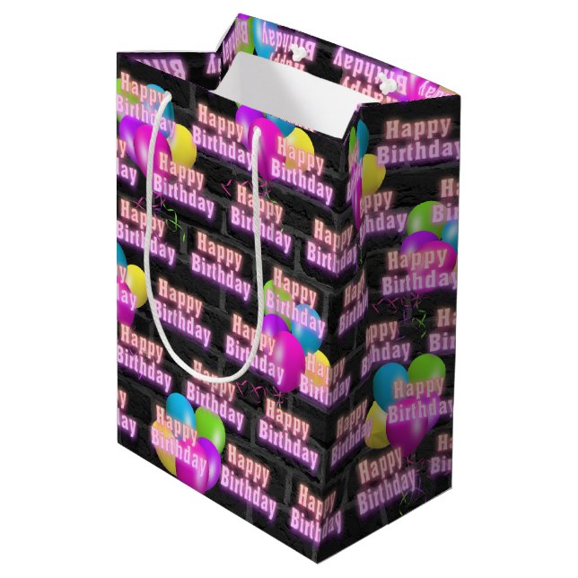 Neon Birthday and Balloons on Brick Medium Gift Ba Medium Gift Bag (Back Angled)