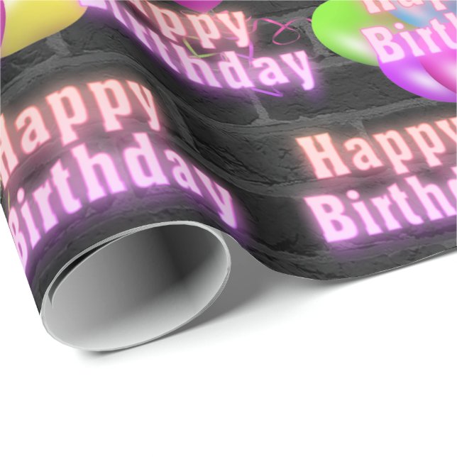 Neon Birthday and Balloons on Brick Wrapping Paper (Roll Corner)