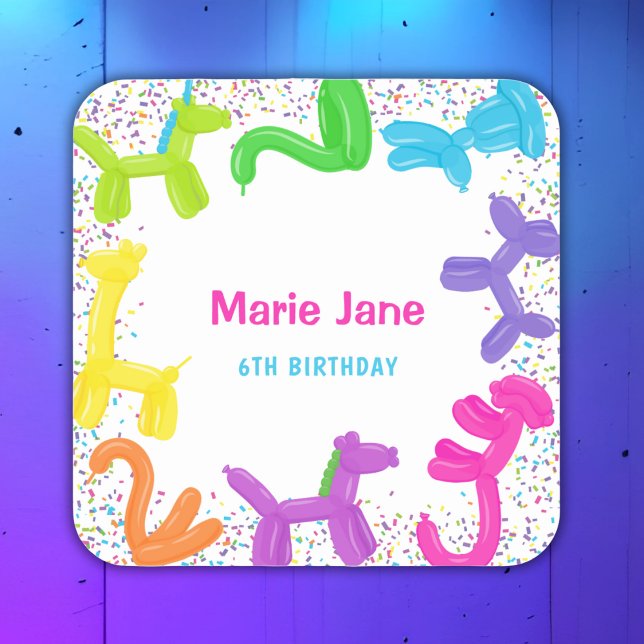 NEON BIRTHDAY ANIMALS BALLOONS PAPER PLATES SQUARE STICKER (Creator Uploaded)