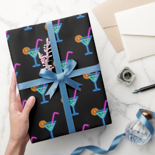 Neon Birthday Cocktail On Black Wrapping Paper
