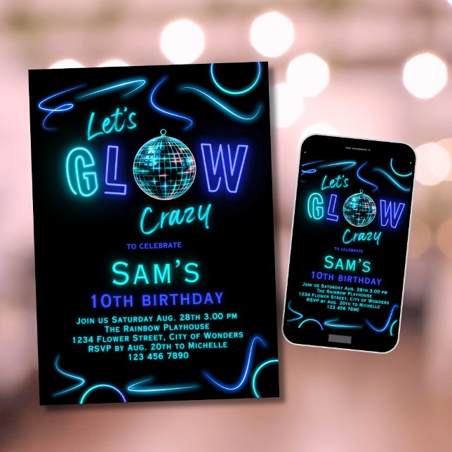 Neon Birthday Invitation Boys Let's Glow Crazy (Creator Uploaded)