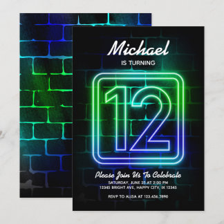 Neon Birthday invitation for Boy 12th Birthday