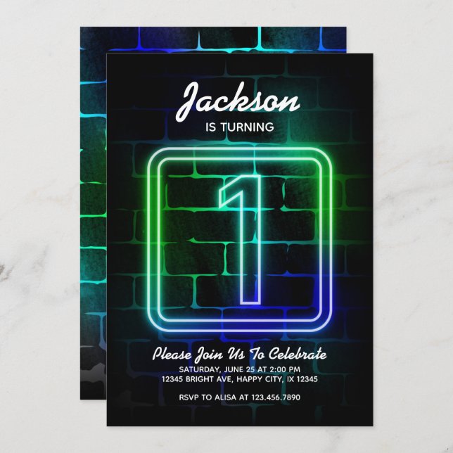 Neon Birthday invitation for Boy 1st Birthday (Front/Back)