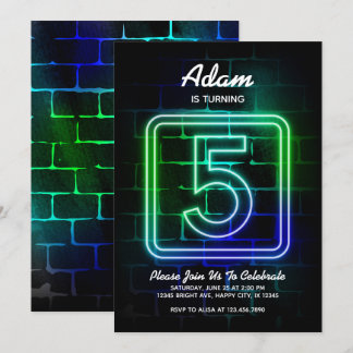 Neon Birthday invitation for Boy 5th Birthday