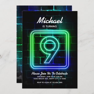 Neon Birthday invitation for Boy 9th Birthday