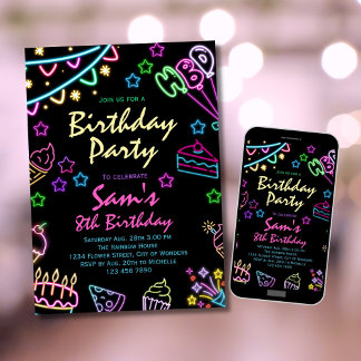 Neon Birthday Invitation Girls Neon Glow Party
