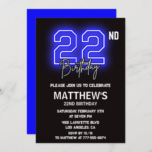  Neon Black 22nd birthday invitations Men Sport (Front/Back)