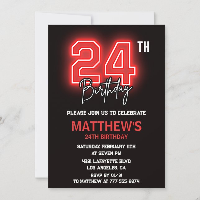 Neon Black 24th birthday invitation Men birthday (Front)