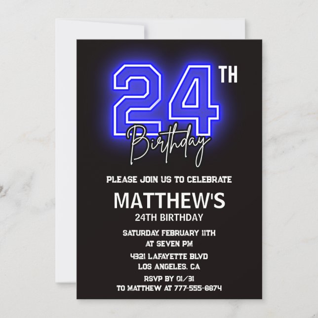 Neon Black 24th birthday invitations Men Sport (Front)