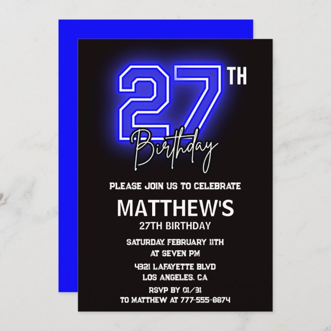 Neon Black 27th birthday invitations Men Sport (Front/Back)