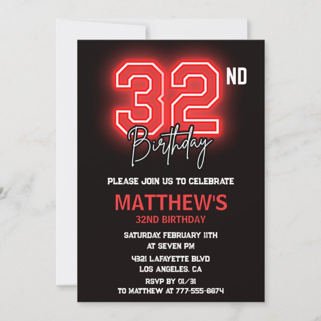 Neon Black 32nd birthday invitation Men birthday (Front)