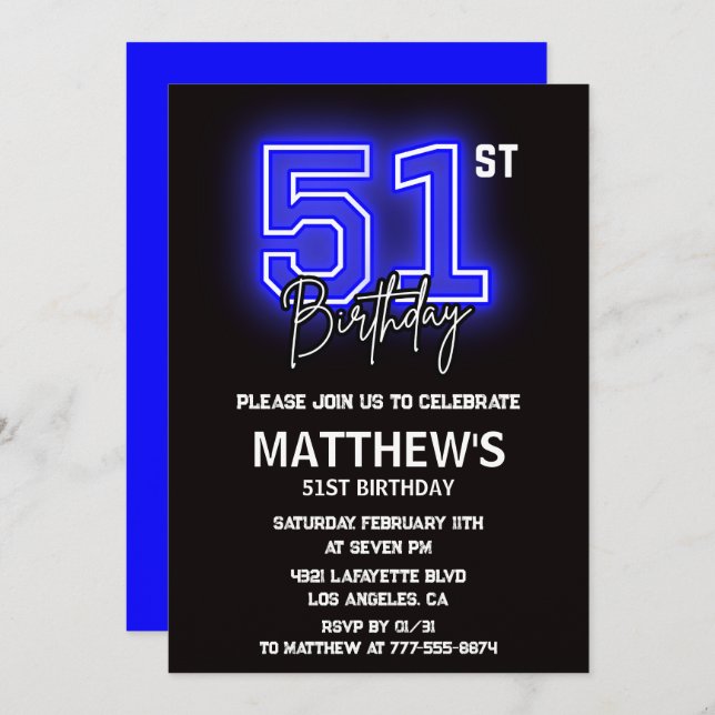 Neon Black 51st birthday invitations Men Sport (Front/Back)