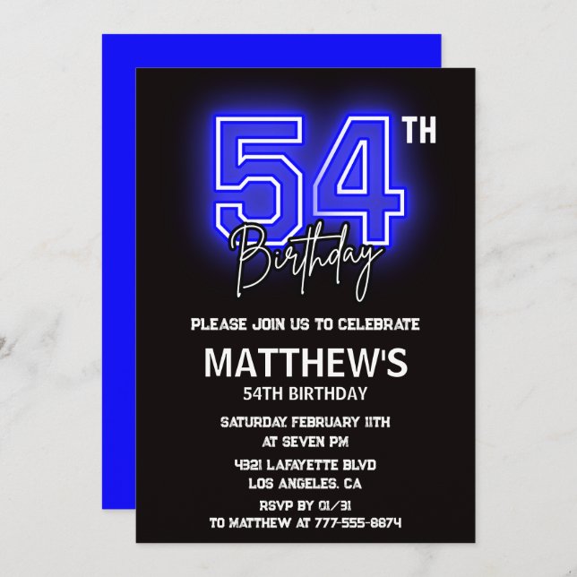 Neon Black 54th birthday invitations Men Sport (Front/Back)