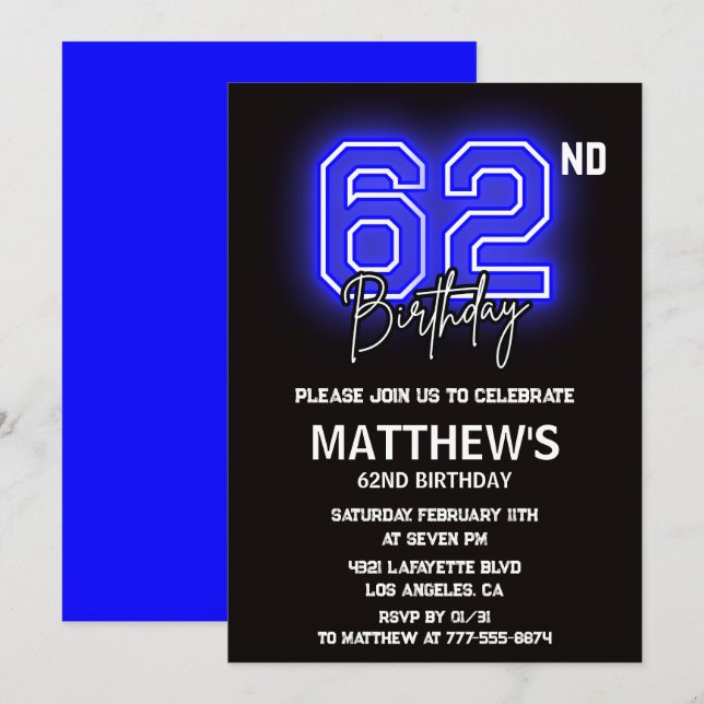 Neon Black 62nd birthday invitations Men Sport (Front/Back)