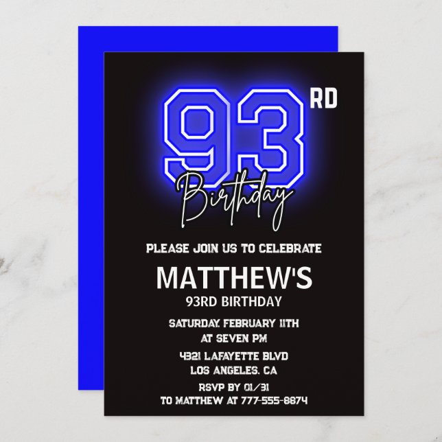 Neon Black 93rd birthday invitations Men Sport (Front/Back)