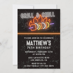 Neon Black Bbq Grill and Chill 76th birthday Invitation