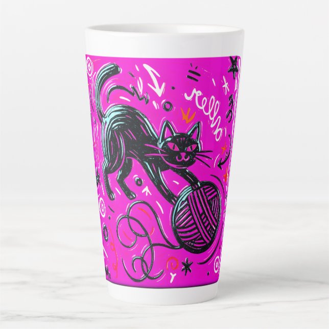 Neon Black Cat Art Latte Mug (Front)