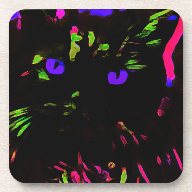 Neon Black Cat with Glowing Eyes Coaster (Front)