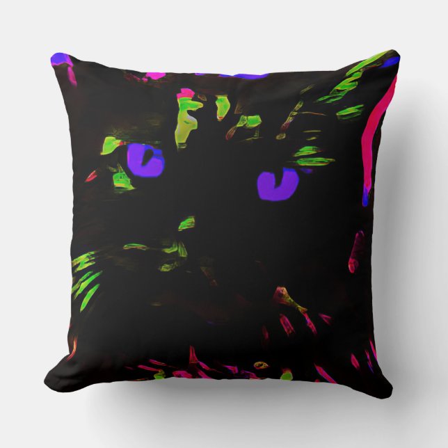 Neon Black Cat with Glowing Eyes Cushion (Front)