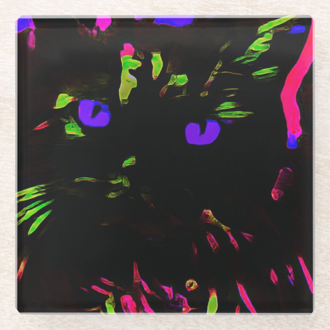 Neon Black Cat with Glowing Eyes Glass Coaster (Front)