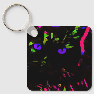 Neon Black Cat with Glowing Eyes Key Ring