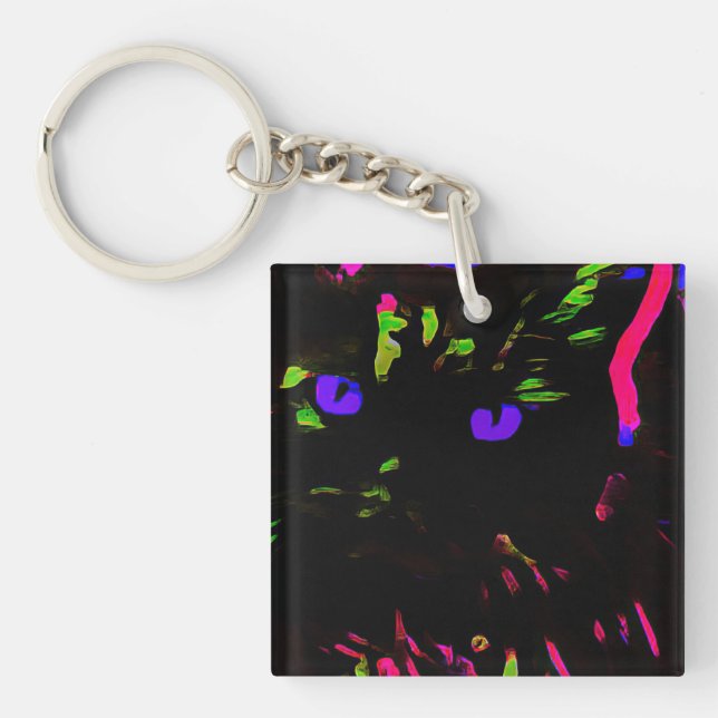 Neon Black Cat with Glowing Eyes Key Ring (Front)