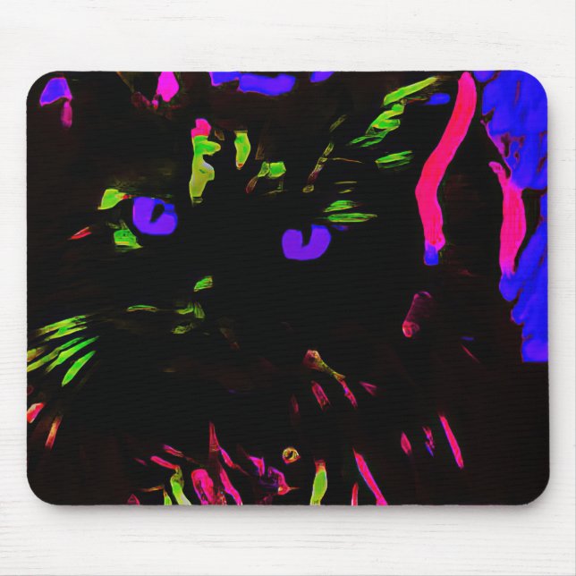 Neon Black Cat with Glowing Eyes Mouse Pad (Front)