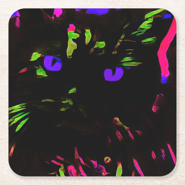 Neon Black Cat with Glowing Eyes Square Paper Coaster (Front)