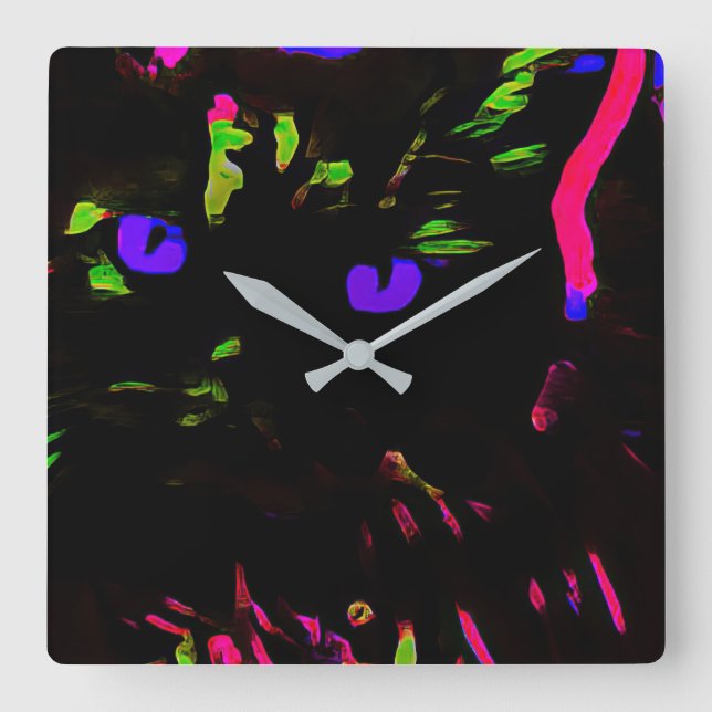 Neon Black Cat with Glowing Eyes Square Wall Clock (Front)