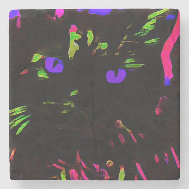 Neon Black Cat with Glowing Eyes Stone Coaster (Front)