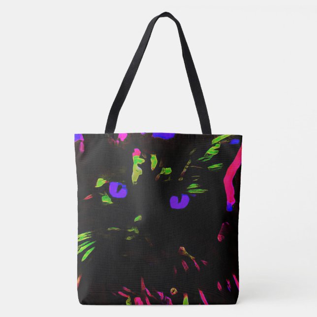 Neon Black Cat with Glowing Eyes Tote Bag (Front)