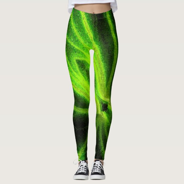 Neon Black Green Abstract Pattern Leggings (Front)