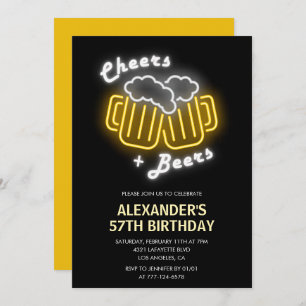 Neon Black Mens Cheers and Beers 57th birthday Invitation