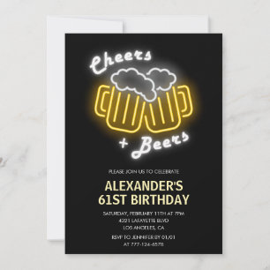 Neon Black Mens Cheers and Beers 61st birthday In Invitation