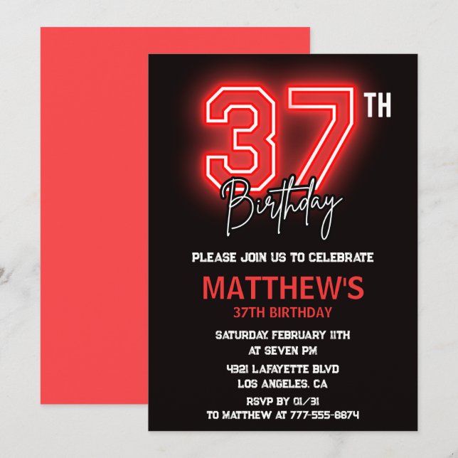 Neon Black Red Men Sport 37th birthday Invitation (Front/Back)