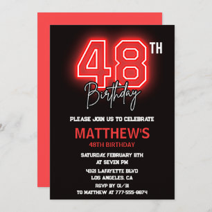Neon Black Red Men Sport 48th birthday Invitation