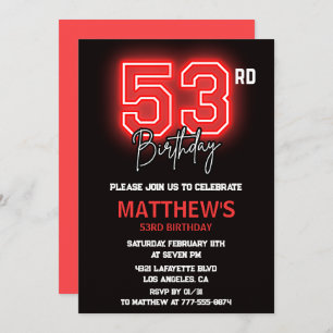 Neon Black Red Men Sport 53rd birthday Invitation