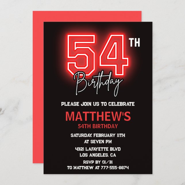 Neon Black Red Men Sport 54th birthday Invitation (Front/Back)