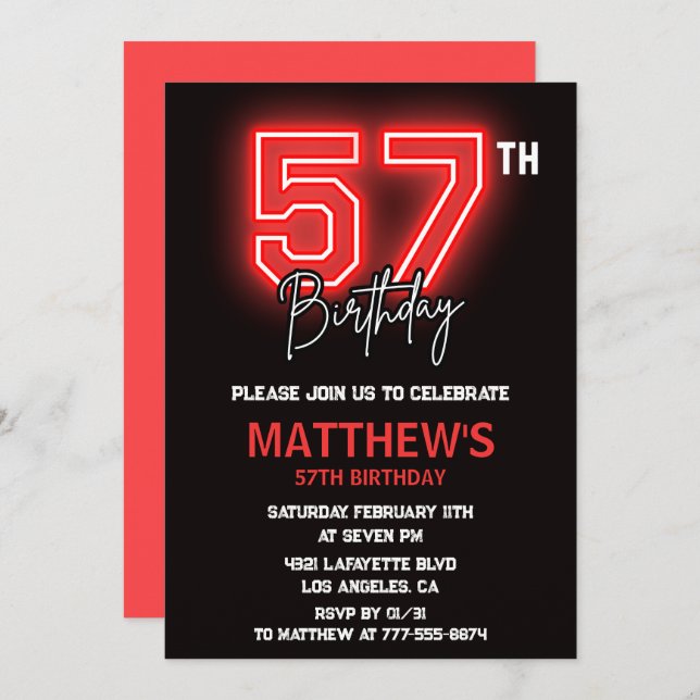 Neon Black Red Men Sport 57th birthday Invitation (Front/Back)