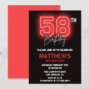 Neon Black Red Men Sport 58th birthday Invitation