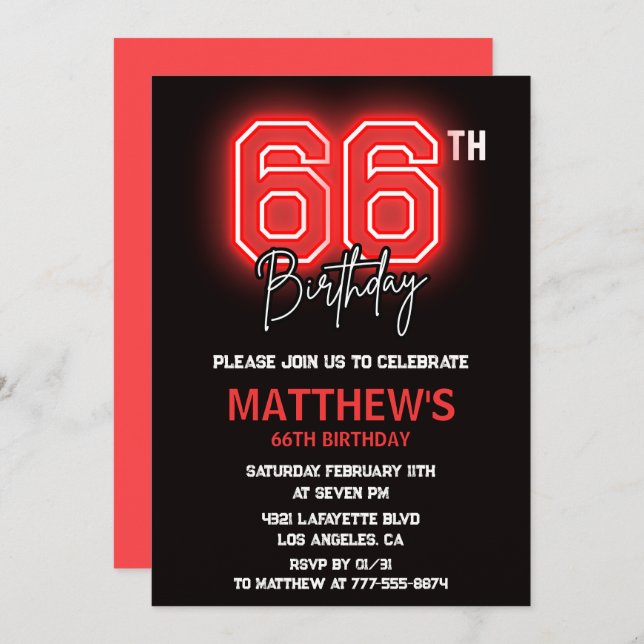 Neon Black Red Men Sport 66th birthday Invitation (Front/Back)