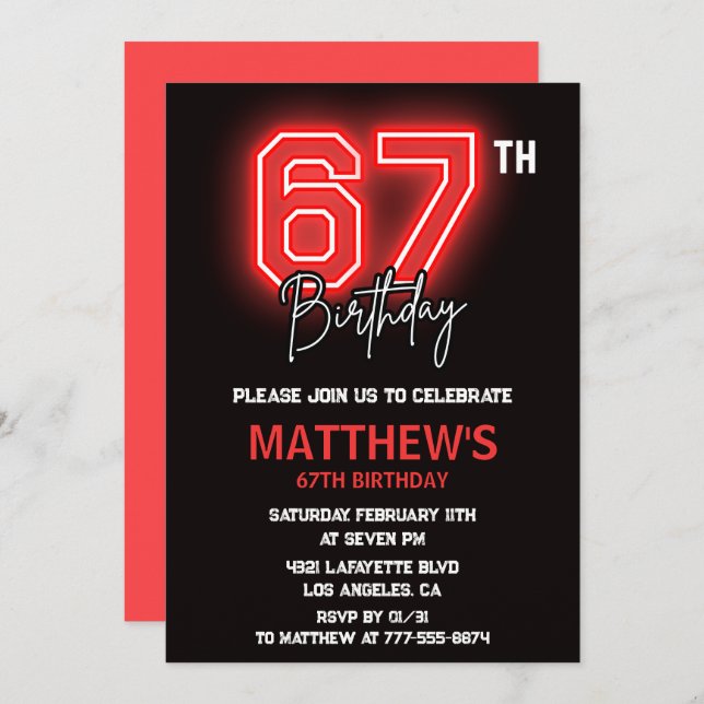 Neon Black Red Men Sport 67th birthday Invitation (Front/Back)