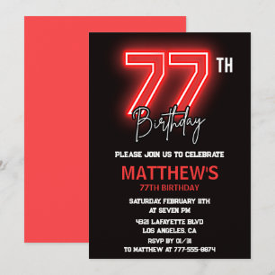 Neon Black Red Men Sport 77th birthday Invitation